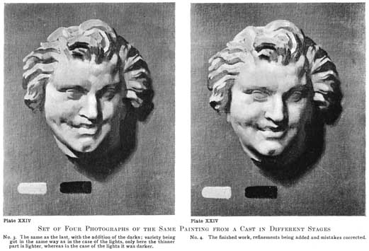 Plate XXIV. SET OF FOUR PHOTOGRAPHS OF THE SAME PAINTING FROM A CAST IN DIFFERENT STAGES No. 3. The same as the last, with the addition of the darks; variety being got in the same way as in the case of the lights, only here the thinner part is lighter, whereas in the case of the lights it was darker. No. 4. The finished work, refinements being added and mistakes corrected.