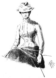 Drawing of mounted woman with hat and jacket