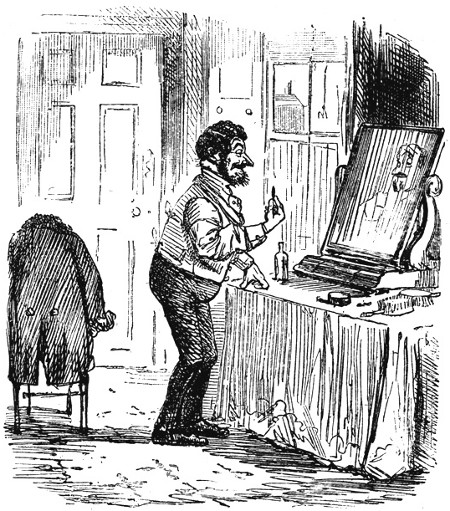 The Moustache Movement.—Old Mr. What's-His-Name: "Egad, I
don't wonder at moustaches coming into fashion; for—eh? What? By Jove, it
does improve one's appearance."

By John Leech in "Punch's Almanack," 1857.

SELECTED BY MR. CHARLES HARRISON.