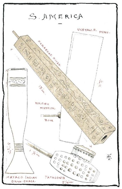 S. AMERICA UCAYALI. R. PERU. PARAGUAY. RIVER. BRITISH MUSEUM. BONE MATACO INDIAN GRAN. CHACA. PATAGONIA