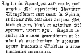 
Legitur in Apocalypsi xxiº capite, quod
angelus Dei apprehendit Jhoannem
Evangelistam cum esset in Spiritu,
et volens sibi ostendere archana Dei,
dixit ad eum, Veni, et ostendam tibi
sponsam, uxorem agni. Angelus loquitur
ad omnem generationem ut veniant
ad auscultandum in sponsum,
agnum innocentem Christum animas
innocentes coronantem.